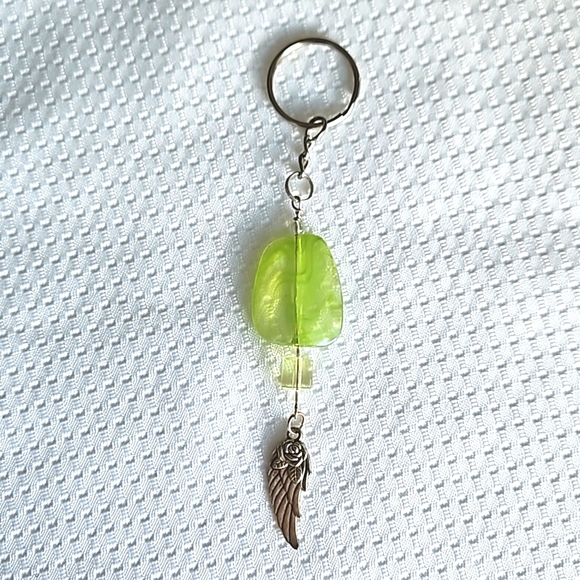 Ethereal Lime Green Beaded Angel Wing Keychain Keyring Handmade - Picture 2 of 5